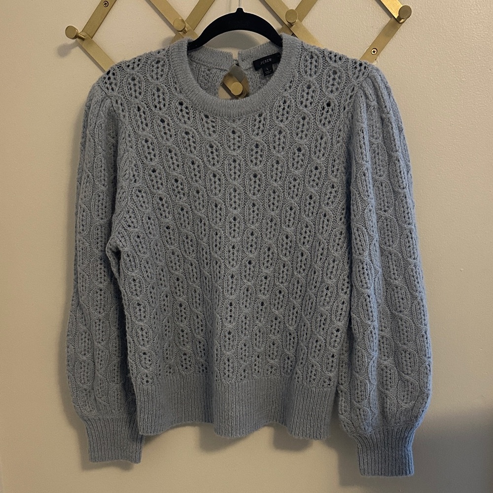 J. Crew Light Blue Open-Knit Cable Puff-Sleeve Sweater